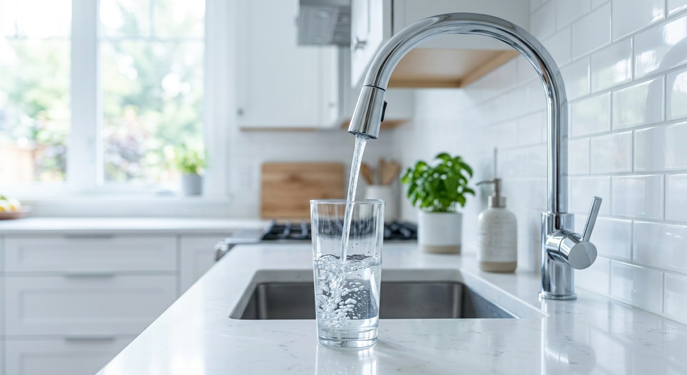 Clear water filling a glass at a modern kitchen faucet